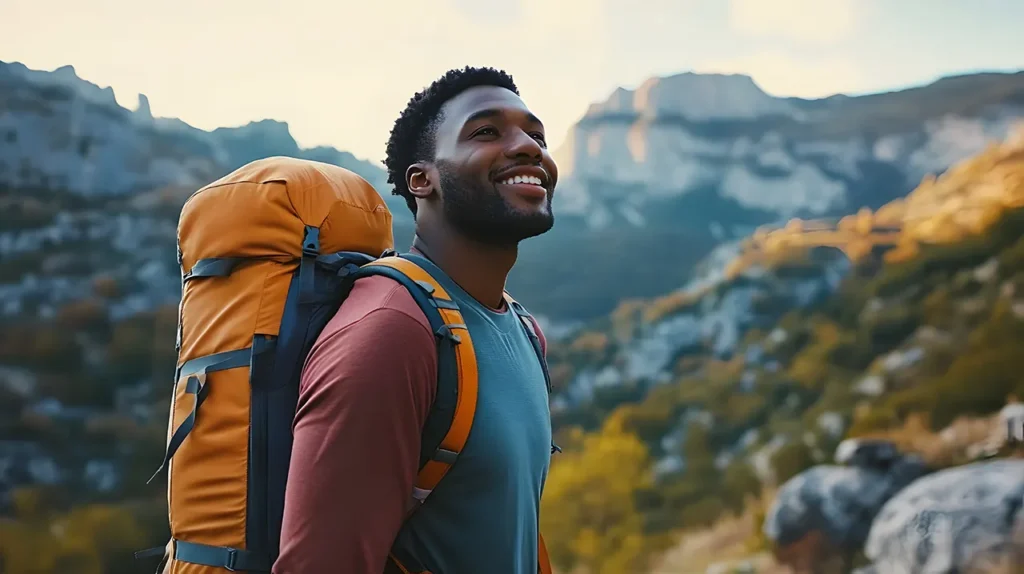 a young man smiles while on a hike