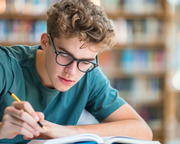 Young man studying independently in a library