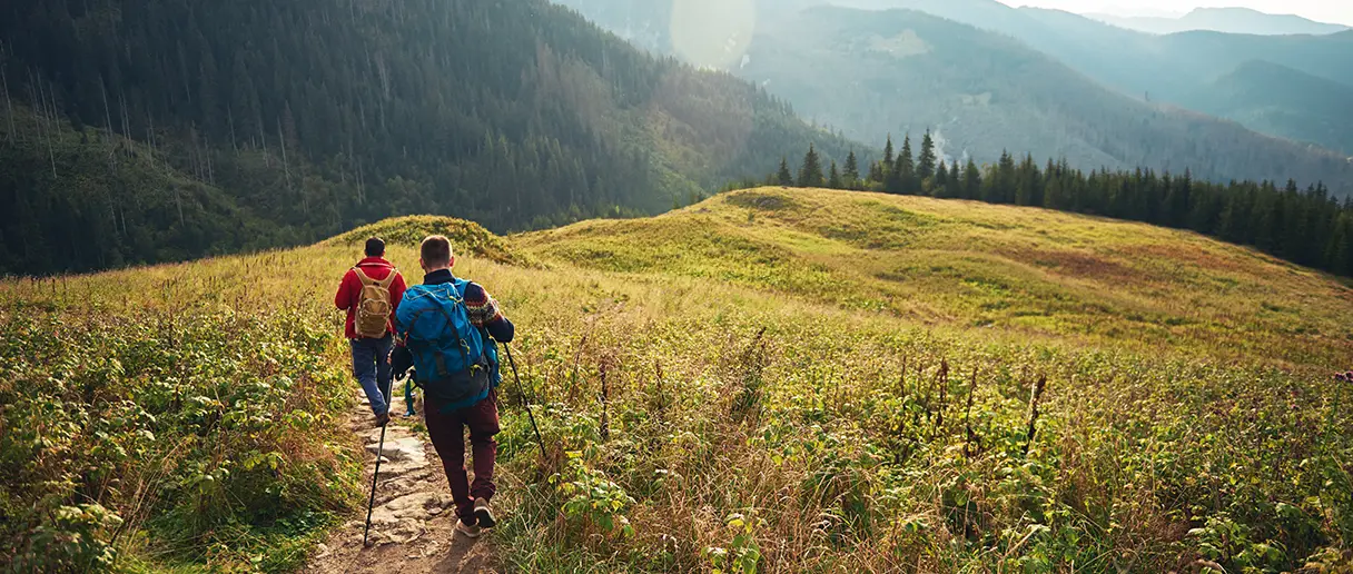 Two hikers walking down a trail in the wilderness